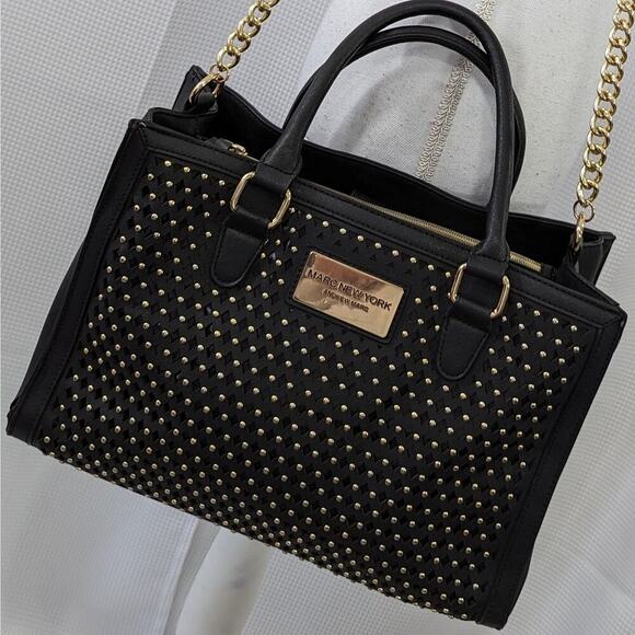 MARC NEW YORK! BLACK BRUSHED FINISH FAUX LEATHER, GOLD JEWEL STUDDED  HAND BAG! - Picture 10 of 11